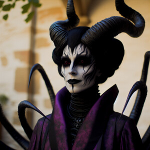 Live action Yzma with black horns, dark red eyes, with eight bla...