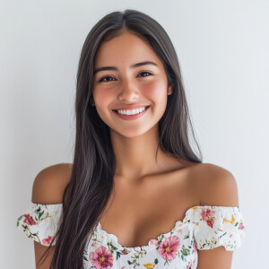 A cute woman

Smiling 

Clothes: Floral Dress

Looks Clean & Mod...