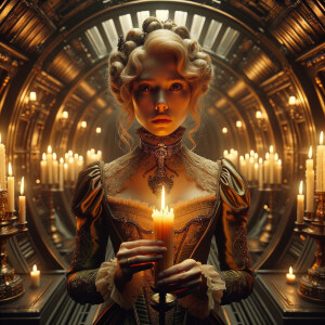 Vintage goth baroque woman with 1920s bleach blonde hairstyle in dark Victorian spaceship with candles scattered about, holding candle in hand, face illuminated by flickering orange flame, retro futurism, 8k, high detailphoto, 85mm f1.4 canon mark d iv