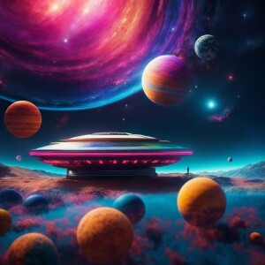 A spaceship gracefully navigating through a colorful array of di...