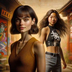 Athletic Thin skinny Attractive, Asian teenage girl, long brown hair and bangs, wearing tight skinny jeans and a halter top paint marks on her clothing, heroic pose Asian graffiti background, side view