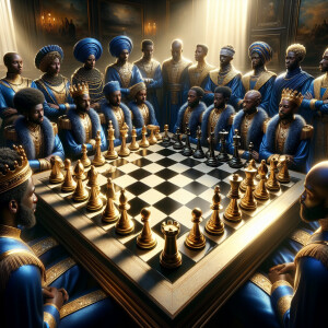 Create a 3D realistic oil painting of a classic chessboard in a...