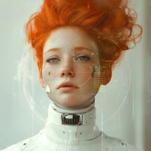 Create photorealistic an image of a ginger-haired woman who embo...