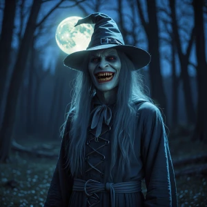 The witch boogeyman with raser shapr teeth standing outside the...