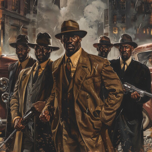 **Visual Prompt for a Group of 1940's G-Men Led by Delroy Lindo:...