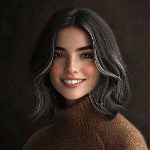 A shoulder length brunette with grey streaks in her hair and a r...