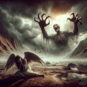 a powerful scene where a demon is lying just beneath the dirt, w...