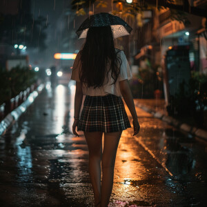 Photo of long hair brunnette girl wearing short plaid skirt and...