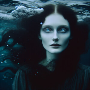 A mermaid with pale skin and cold eyes. Long dark hair. Floating...