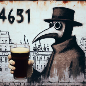 A plague doctor in the Fallout world, standing against the backd...