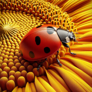 A full body portrait of a Ladybug standing on a sunflower, highl...