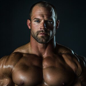 Create a dramatic muscular body childless portrait image of a 35...