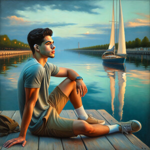 Realistic, oil painting Of a young man Sitting on a dock, Man is...