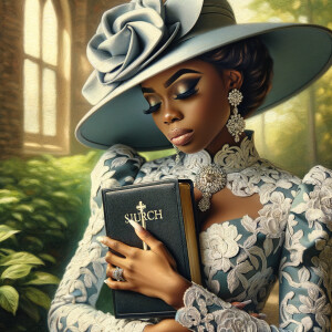 Render an airbrush oil painting of an African American woman with flawless makeup in a
contemplative pose, holding a Bible close to her heart, dressed in an elegant Sunday Best
outfit with a distinctive Church Hat. The background features a peaceful church garden,
with light filtering through the trees, highlighting her spiritual connection and the personal
moment of reflection. The artwork should capture the tranquility of the scene, the beauty
of her attire, and the depth of her contemplation, reflecting a serene and spiritually