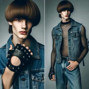 teen boy long hair bowl cut fingerless studded leather gloves je...