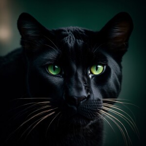 A black Jaguar in semi profile, white whiskers, and piercing gre...