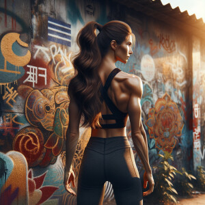 Athletic Thin skinny Attractive, Asian teenage girl, long brown hair and bangs, wearing tight skinny jeans and a halter top paint marks on her clothing, heroic pose Asian graffiti background, backside view