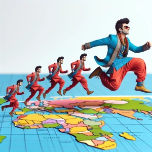 Aditya Gadhvi leaping across a map of the world, transitioning f...