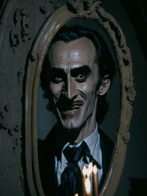 satisfied with smile Dracula’s face (like Christopher Lee face i...