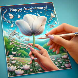 Create a vivid 3D image featuring a card with 'HAPPY ANNIVERSARY...