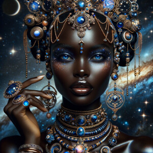 "Create a portrait of a regal African-American woman with an ethereal and cosmic theme. Her skin is a glossy ebony, with a smooth and flawless finish that reflects light. Her eyes are a striking electric blue, like sapphires, with a makeup that accentuates their shape and the intensity of their color. Her hair is styled into an intricate array of braids, coils, and twists that cascade down and frame her face, adorned with beads and jewels that catch the light. She wears an elaborate headdress made of swirling patterns and motifs that evoke the mysteries of the universe, studded with shimmering stones and intricate enamel work in hues of blue and gold. Her attire consists of a cascade of layered necklaces and a majestic, shoulder-grazing earring, each piece detailed with a mix of precious stones, metals, and intricate beadwork. The background is a tapestry of stars and nebulas, suggesting a connection to the cosmos. Her pose is serene, with a hand gracefully touching her chin, adorned with rings that complement her other jewelry, all coming together to suggest an aura of wisdom and grace."