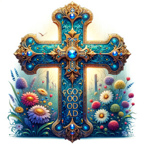 Create an image of a majestic cross, larger in size, with a harm...