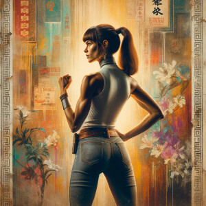 Athletic Thin skinny Attractive, Asian teenage girl, long brown hair and bangs, wearing tight skinny jeans and a halter top paint marks on her clothing, heroic pose Asian graffiti background,  backside view