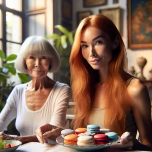 A 45-year-old long ginger-haired petite woman wearing a casual b...