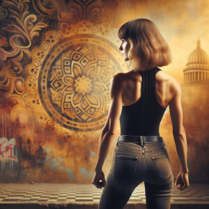 Athletic Thin skinny Attractive, Asian teenage girl, long brown hair and bangs, wearing tight skinny jeans and a halter top paint marks on her clothing, heroic pose Asian graffiti background, backside view