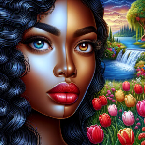 Create a digital artwork showing a half-portrait of a light-skin...