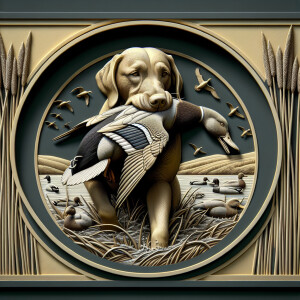 A hunting dog holding a dead duck in its mouth, some reeds in th...