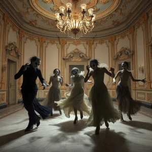 "In the opulent grandeur of a decaying Rococo ballroom, shadows...