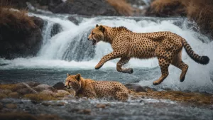 Grizzly bear close up at a stream catching a rainbow trout as th...