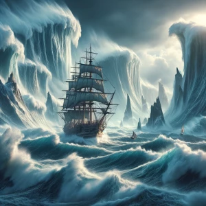 Create an image depicting a massive ship confronting towering, t...