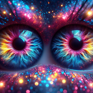 multicolored eyes, prominently featuring shades of blue, pink, a...