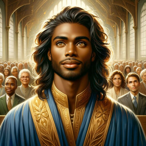 Illustrate an inspiring African-American Jesus crust with a dign...