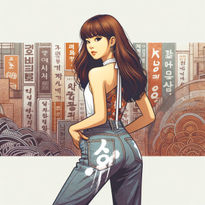 Attractive, Asian teenage girl, long brown hair and bangs, wearing tight skinny jeans and a halter top paint marks on her clothing, backside view heroic pose Asian graffiti