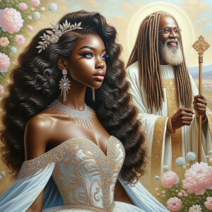 Create a 3-D realistic oil, painting of a beautiful African-American bride. She has long flooring, wavy hair and her gown has beautiful jewels around the neckline. in the background there is a beautiful African-American Jesus Christ with long dreadlocks, and he is smiling. He is very handsome pastel flowers throughout the image.