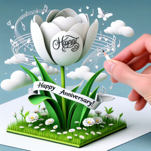 3D image of a white tulip that has words on it that read HAPPY A...