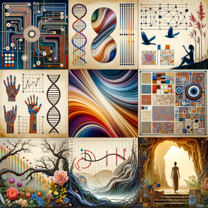 The golden ratio, Minimalist art Circuit, boards, circuitry, diagrams Cellular structures, DNA, circuit boards, colorful wires,  asian and Egyptian  graffiti, lie detector graphs, cardio, printout , branches infinity sign, cave, Art, handprints, distant birds flying, flowering vines, abstract gestural painting, dna