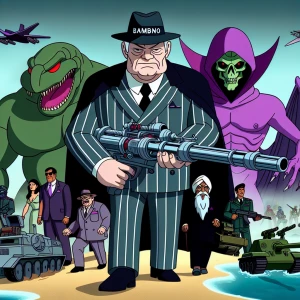 Pixar style image. middle aged gaunt man on an island in pinstri...