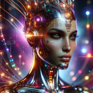 Create a digital concept art of a cyber queen avatar, showcasing...