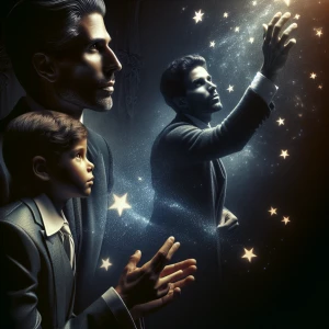 A debonairman reaches for the stars while his childhood self is...