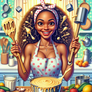 In a classic cartoon style, a young light skin Afrocentric cheer...
