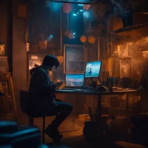 Silhouette of a muscular man engrossed in making images on the c...