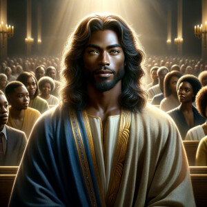 Illustrate an inspiring African-American Jesus crust with a dign...