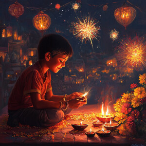 A boy lighting fire crackers, diya, flowers, lanterns, fireworks...