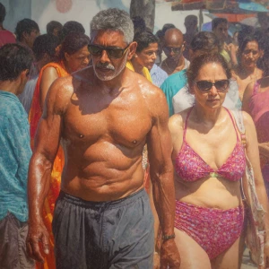 Photo hyperrealism, painting,a muscular beefy kerela son in law...
