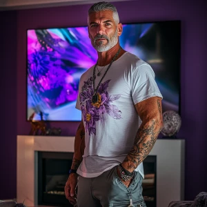 A photograph of a bodybuilder older man with short gray hair and...