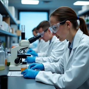 A team of scientists conducting experiments in a well-equipped l...
